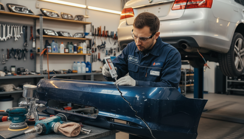 professional bumper repair in progress